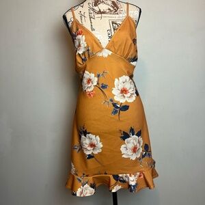 Floral Print Mustard Sundress with Ruffled Hem